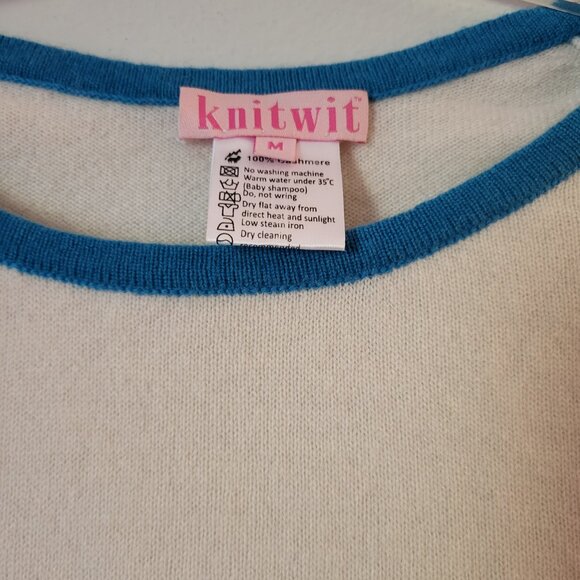 Knitwit 100% cashmere "ROCK' Sweater Creme w/Turquoise long sleeves Nepal Medium - Picture 3 of 10